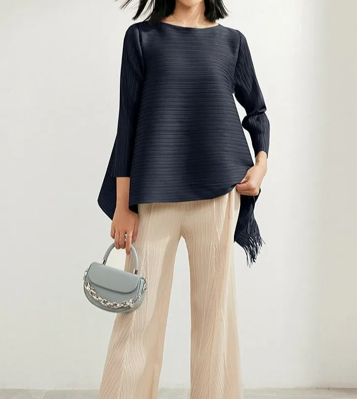 Pleated Blouses Tassels Asymmetrical Loose Top