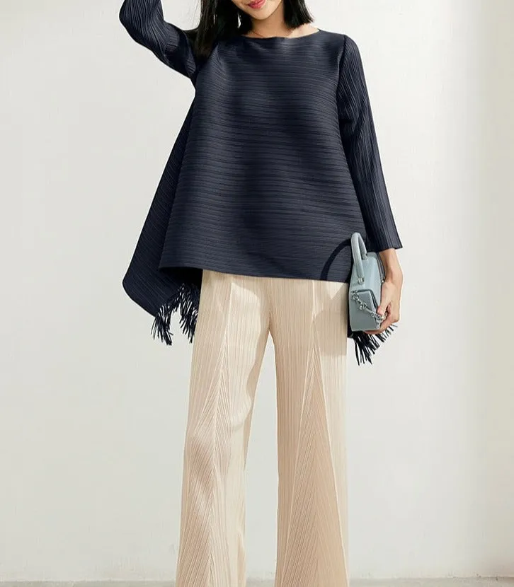 Pleated Blouses Tassels Asymmetrical Loose Top