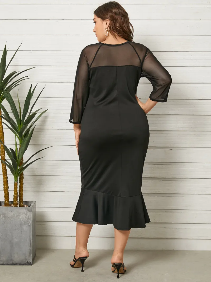 Plus Size Crew Neck Patchwork 3/4 Length Sleeves Dress