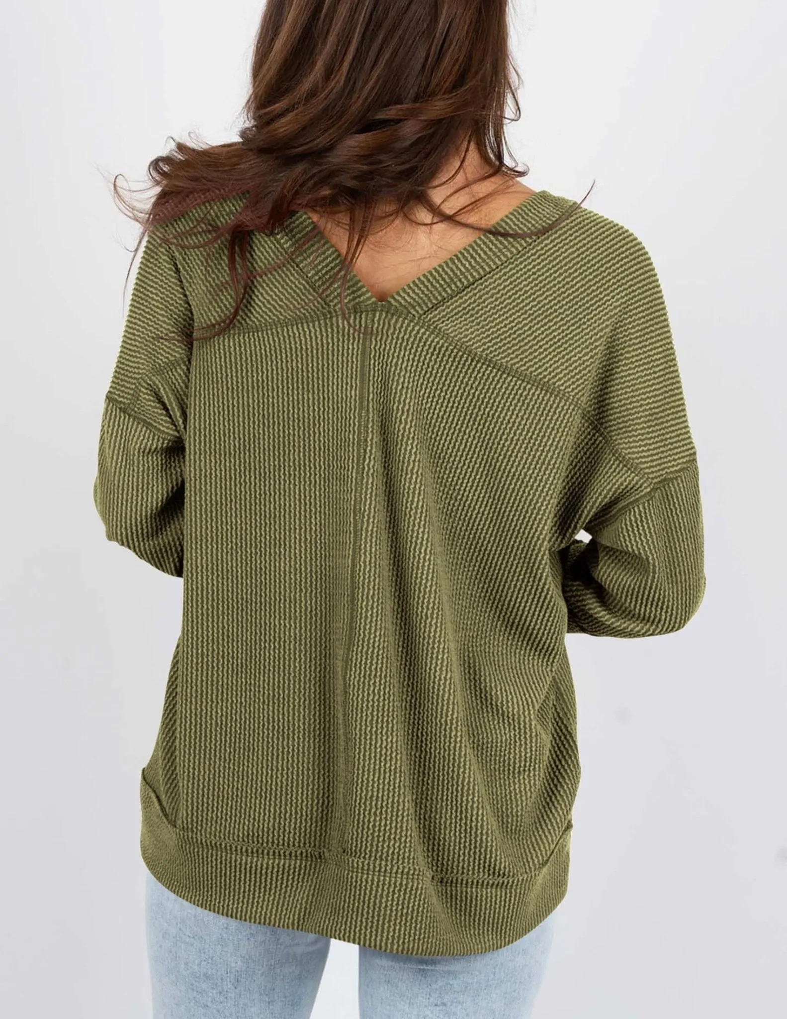 PRETTYGARDEN Women's 2024 Fall Casual Long Sleeve Going Out Tops Ribbed V Neck Loose Fit Trendy Cute T Shirts Tee Blouses (Army Green,Medium)