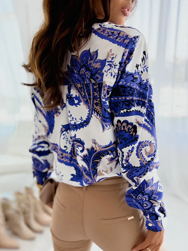 Printed Long Sleeves Loose Lapel Blouses