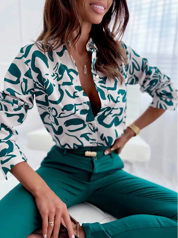 Printed Long Sleeves Loose Lapel Blouses