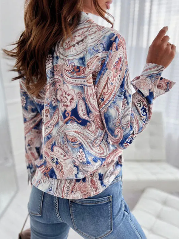 Printed Long Sleeves Loose Lapel Blouses