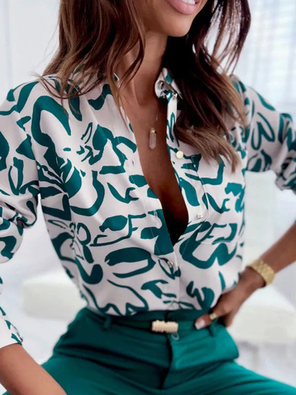 Printed Long Sleeves Loose Lapel Blouses