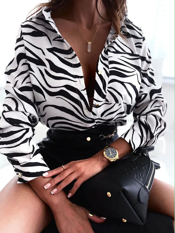 Printed Long Sleeves Loose Lapel Blouses