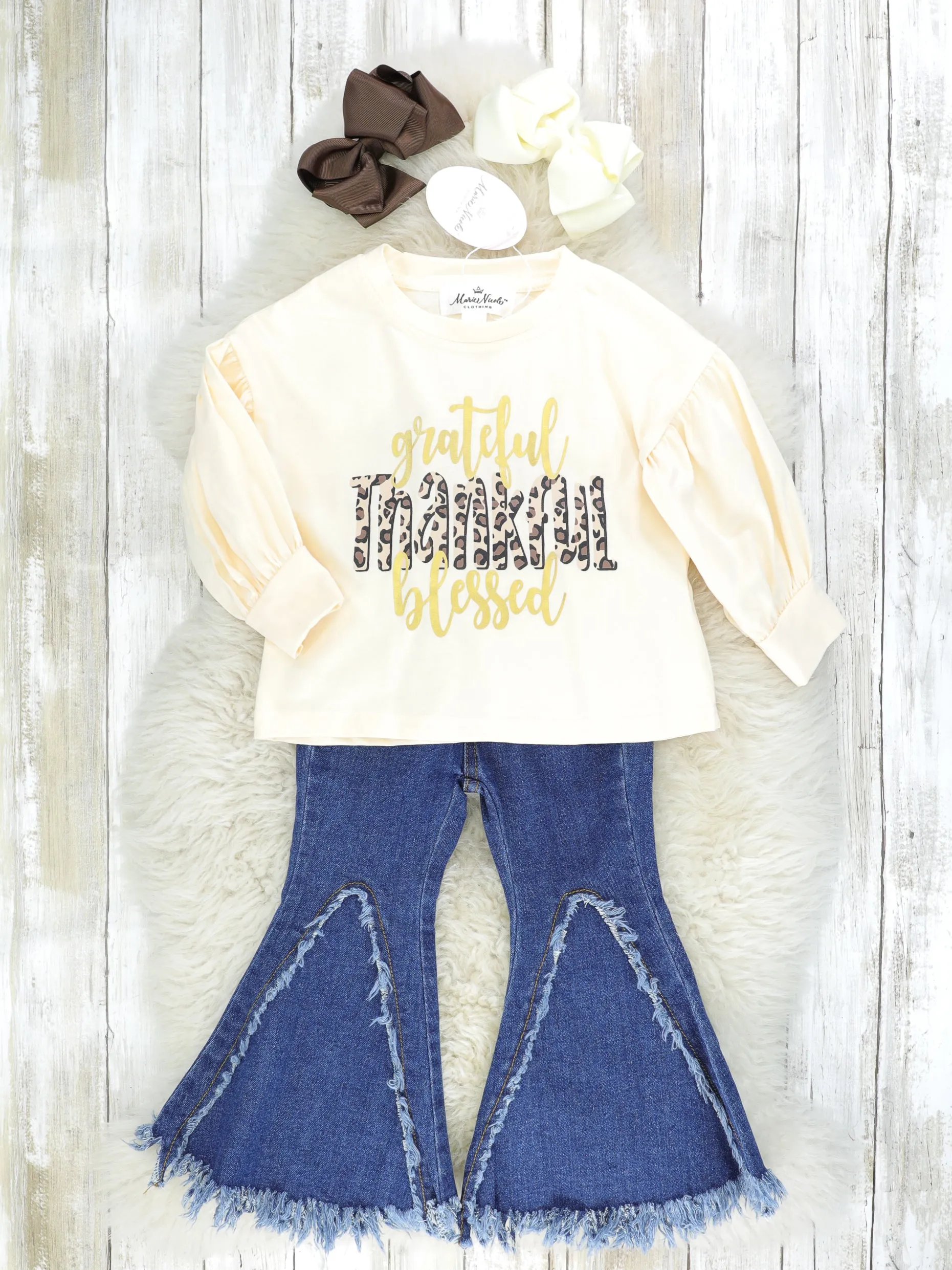 "Thankful" Leopard Top & Denim Bell Bottoms