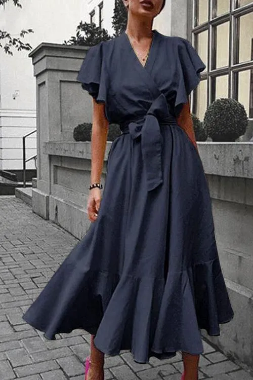 Ruffles V Neck Belted Maxi Dress