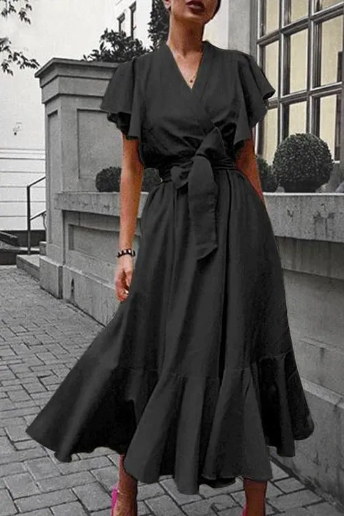 Ruffles V Neck Belted Maxi Dress