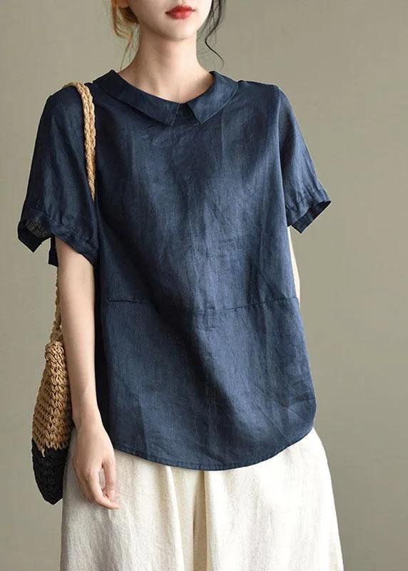 Simple Navy Peter Pan Collar Patchwork Summer Linen Blouses