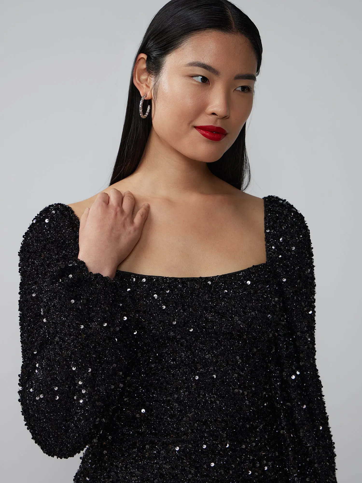 Square Neck Sequin Tinsel Shift Dress