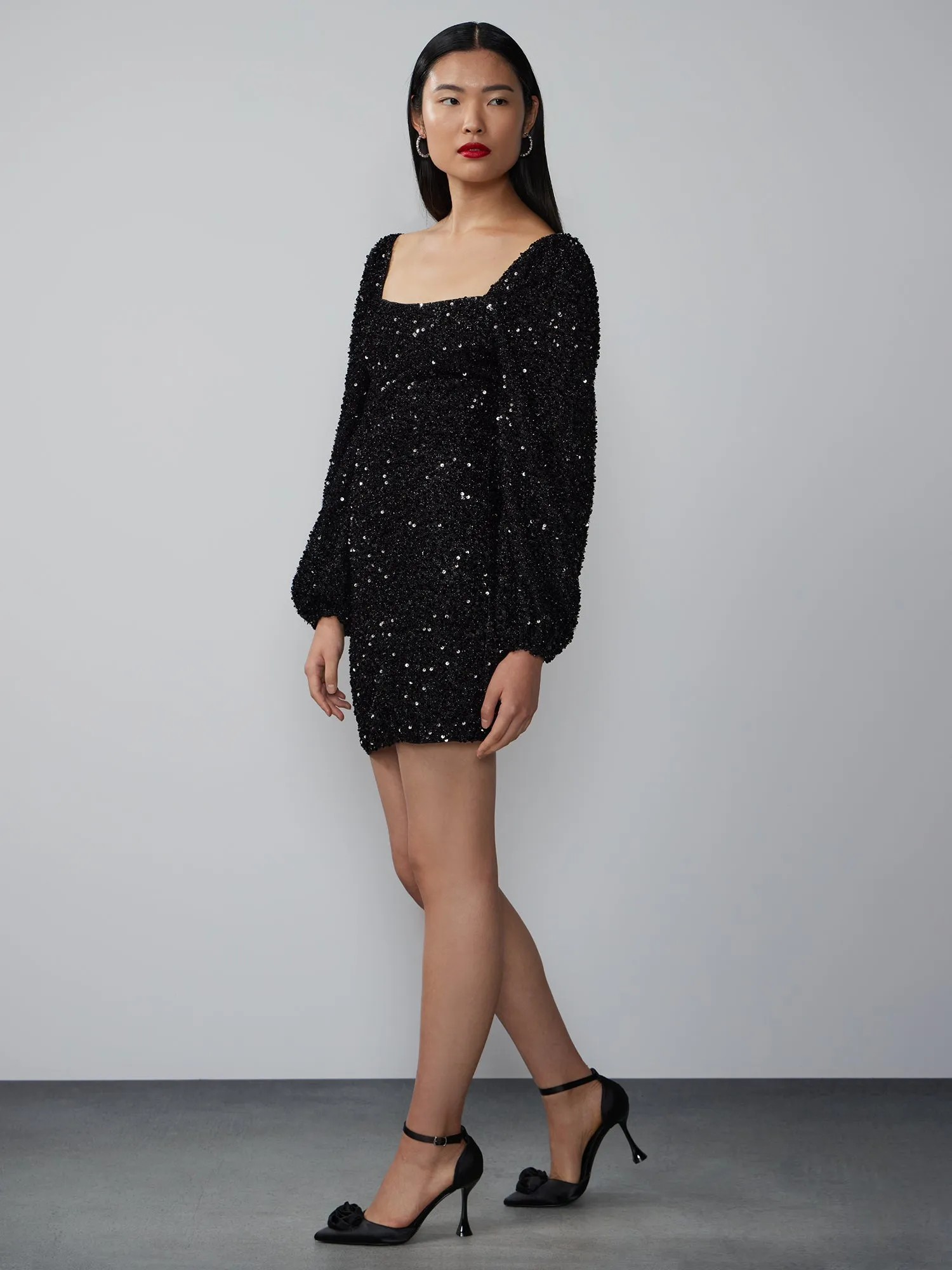 Square Neck Sequin Tinsel Shift Dress