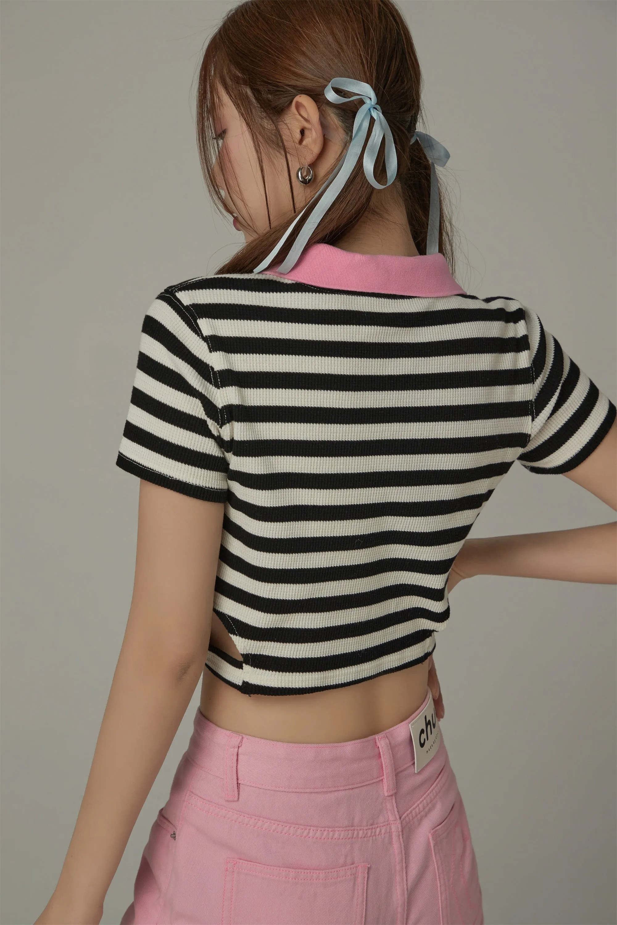 Striped Side Cut Out Cropped T-Shirt