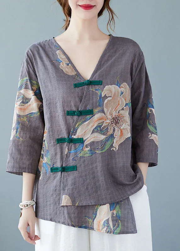 Style Grey V Neck Print Blouses Half Sleeve