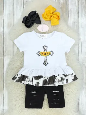 Sunflower Cross Ruffle Top & Distressed Bottoms Outfit