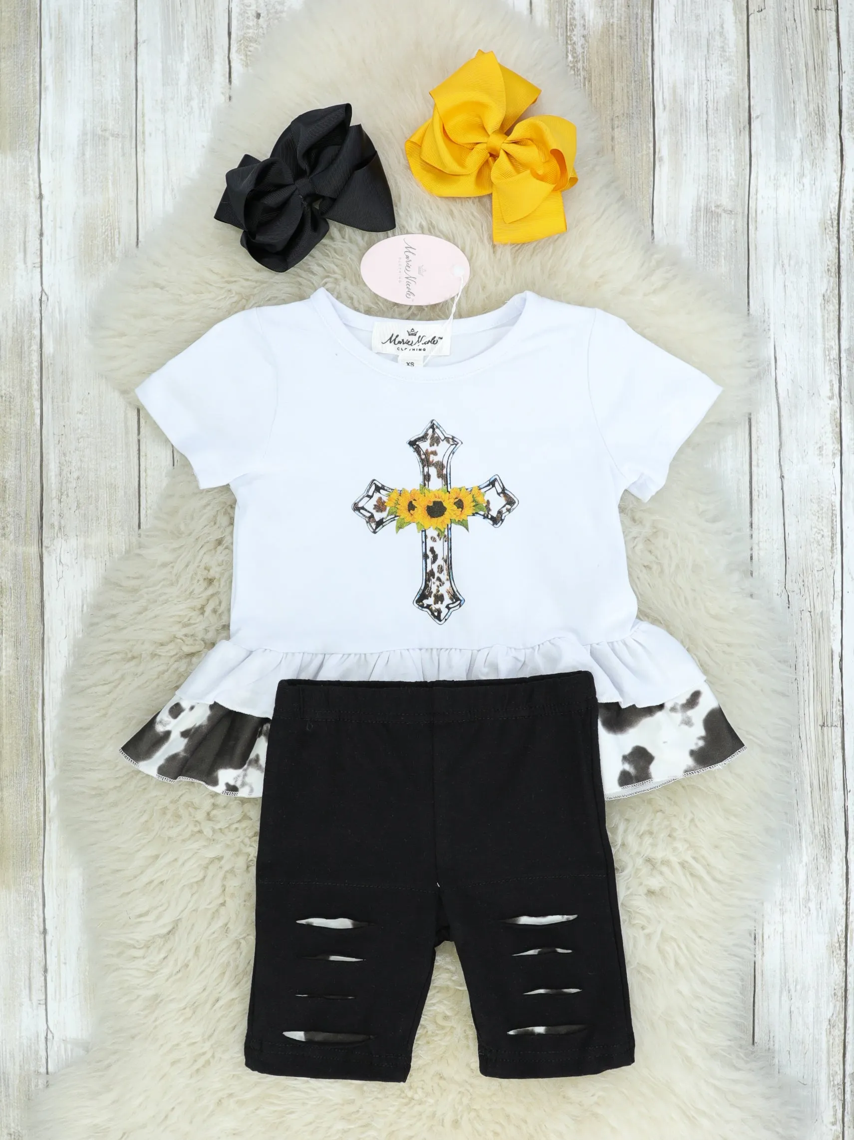 Sunflower Cross Ruffle Top & Distressed Bottoms Outfit