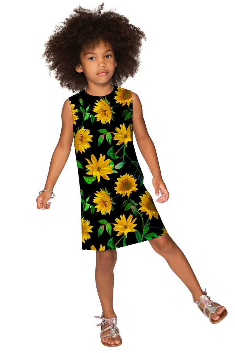 Sunnyflower Adele Black Yellow Floral Print Trendy Shift Dress - Girls