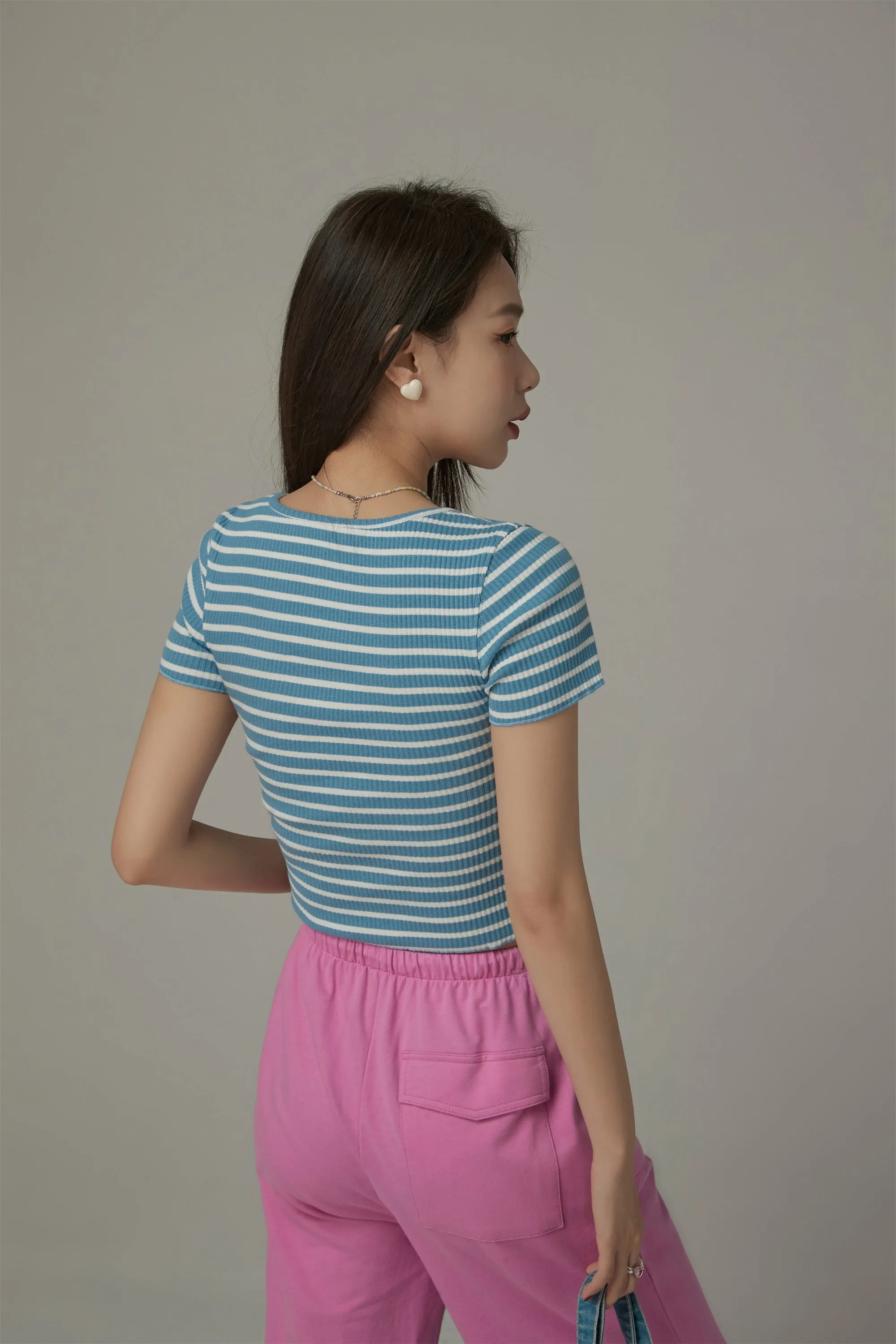 U-Neck Striped Cropped T-Shirt