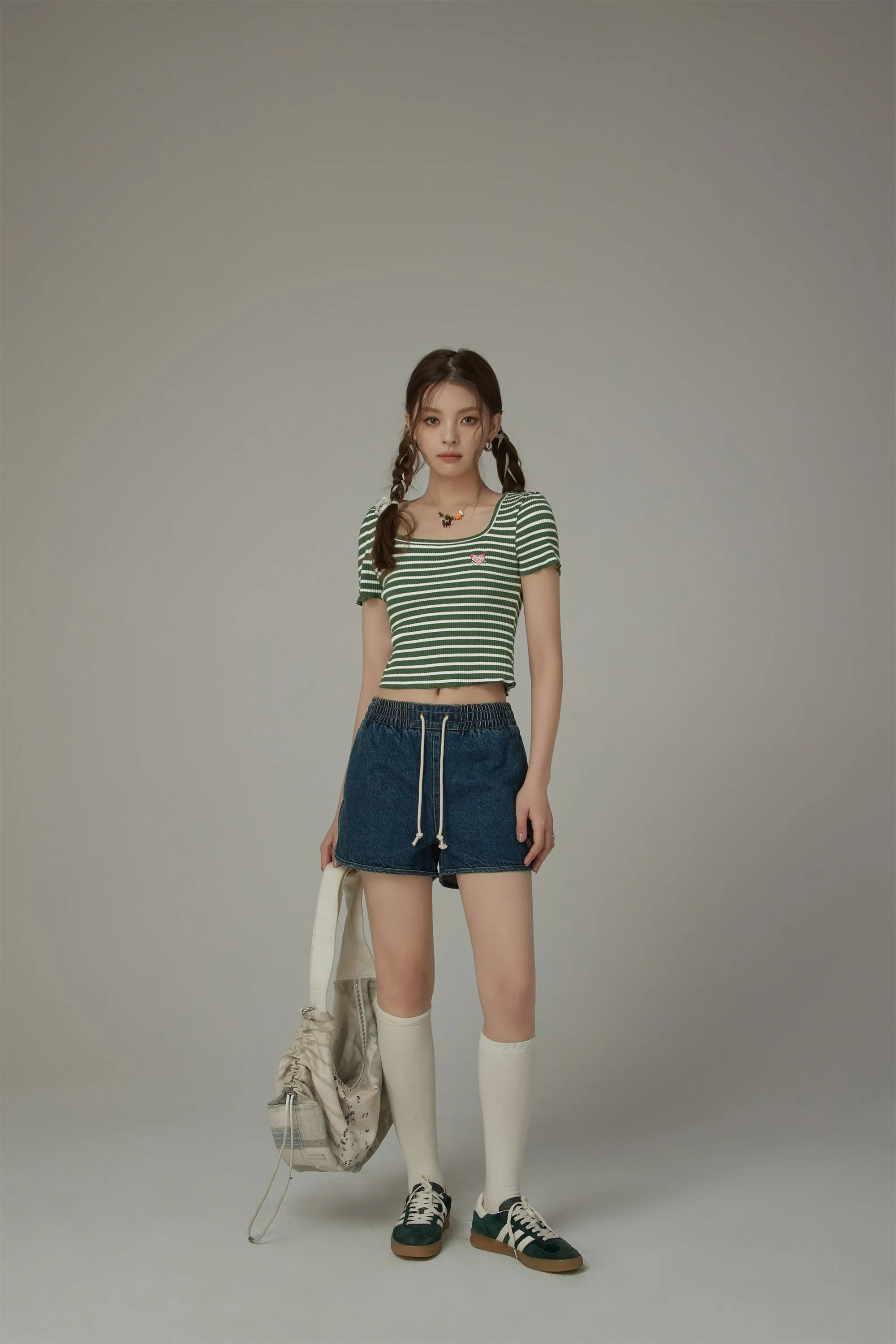 U-Neck Striped Cropped T-Shirt