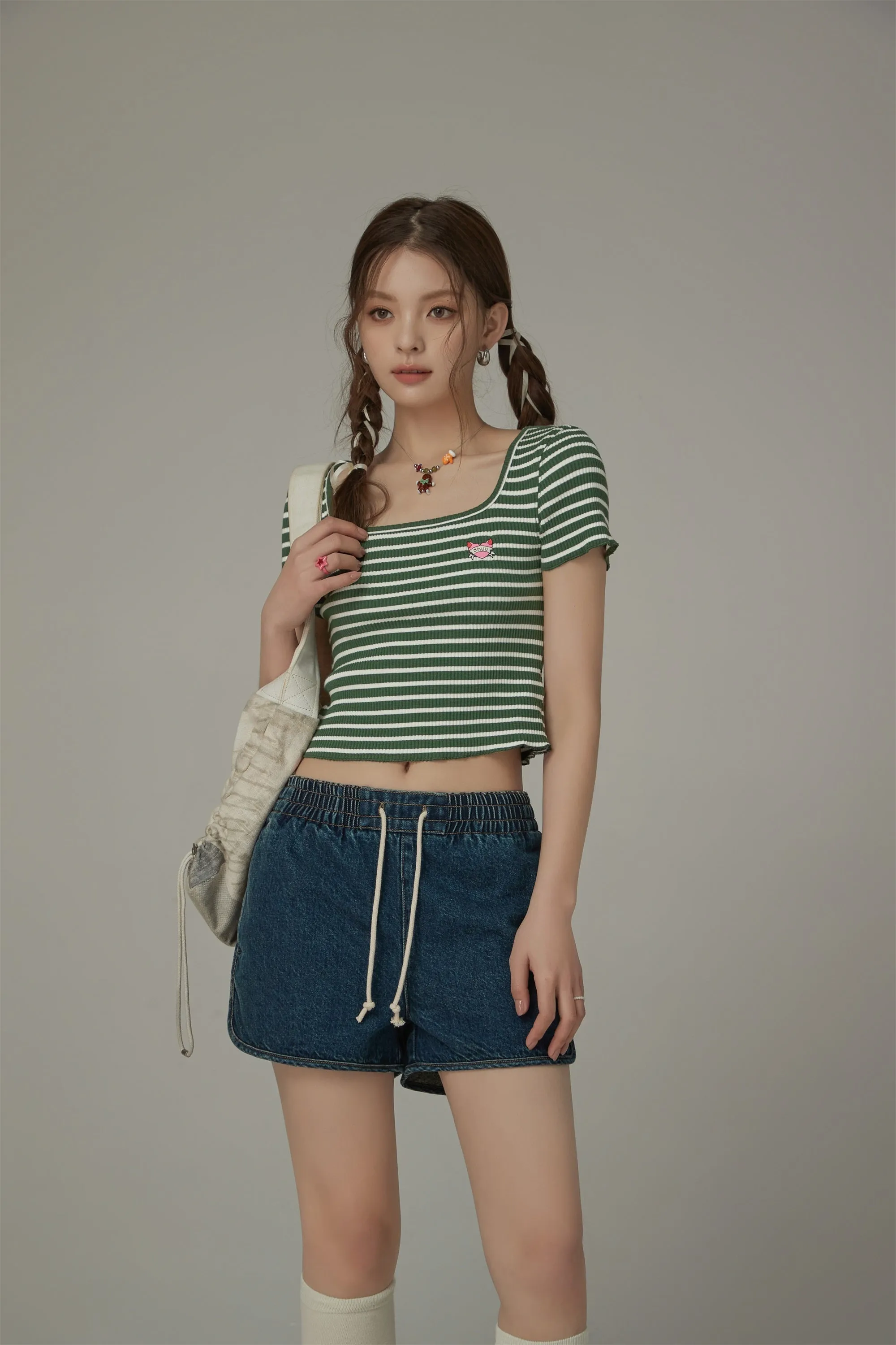 U-Neck Striped Cropped T-Shirt