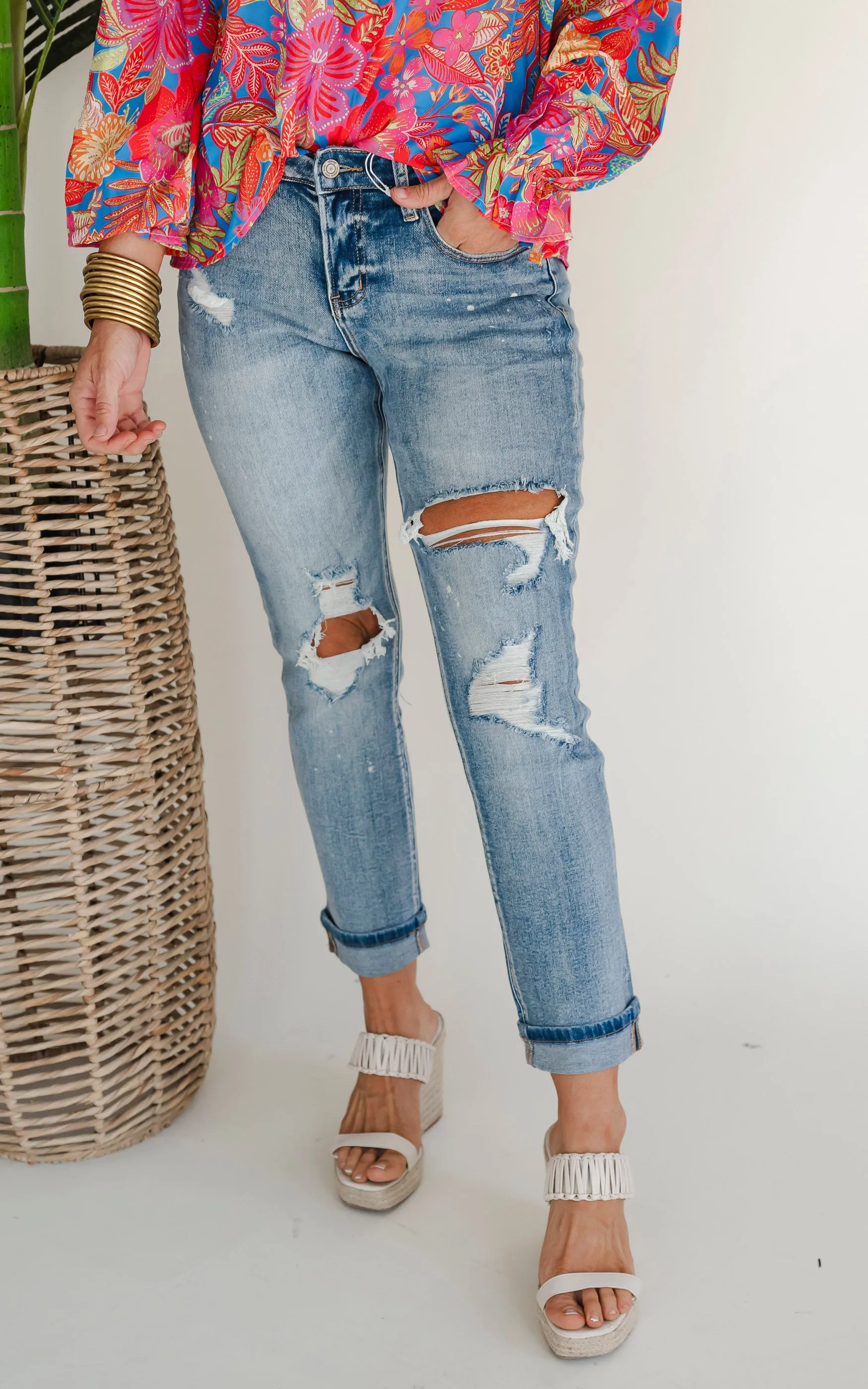 VERVET | Glamourous High Rise Cuffed Distressed Paint Boyfriend Denim Jeans - Final Sale