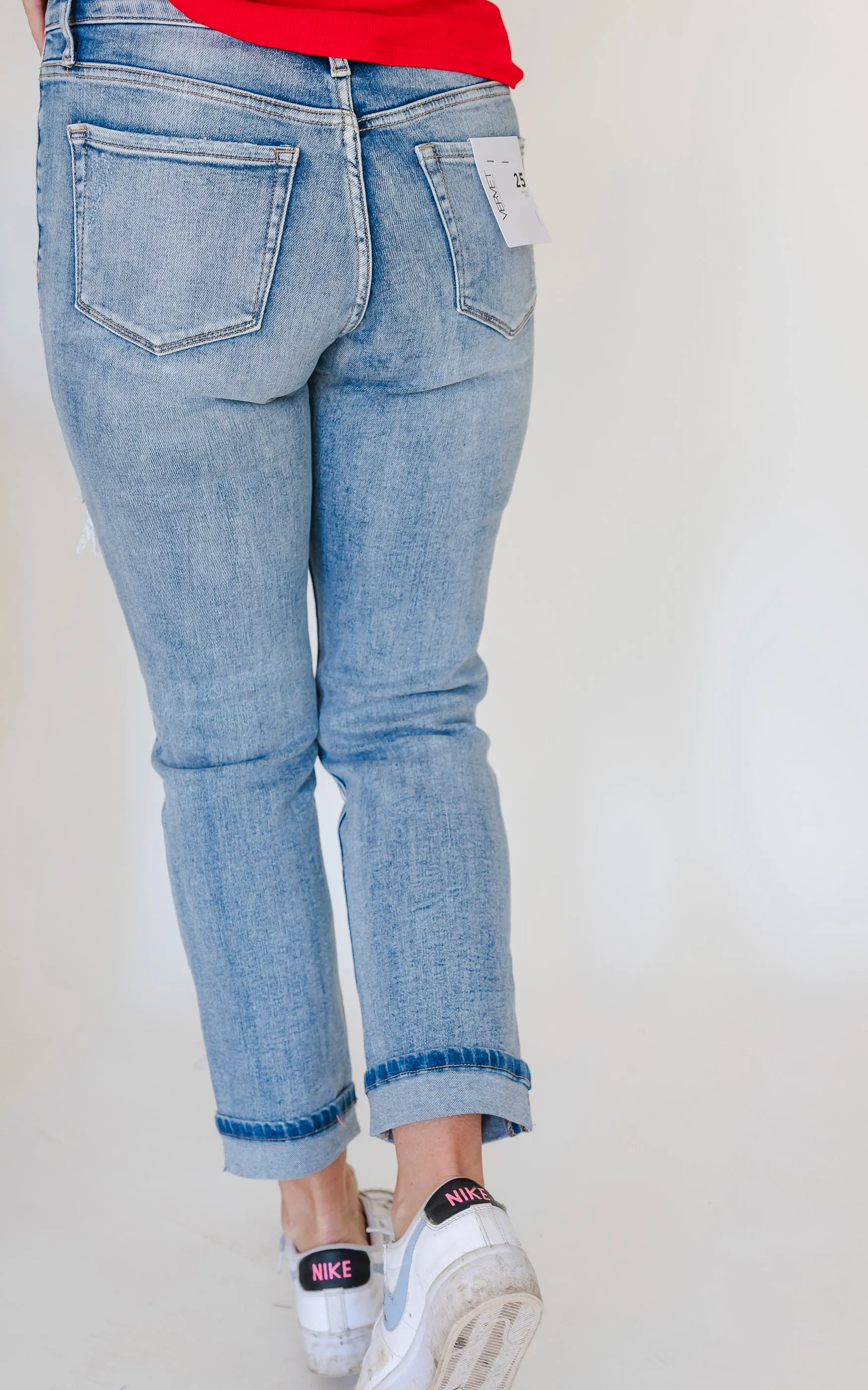 VERVET | Glamourous High Rise Cuffed Distressed Paint Boyfriend Denim Jeans - Final Sale