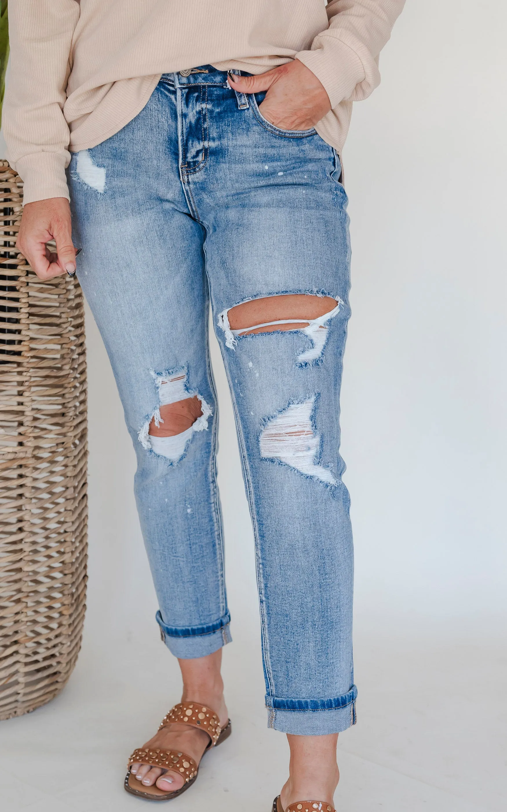 VERVET | Glamourous High Rise Cuffed Distressed Paint Boyfriend Denim Jeans - Final Sale