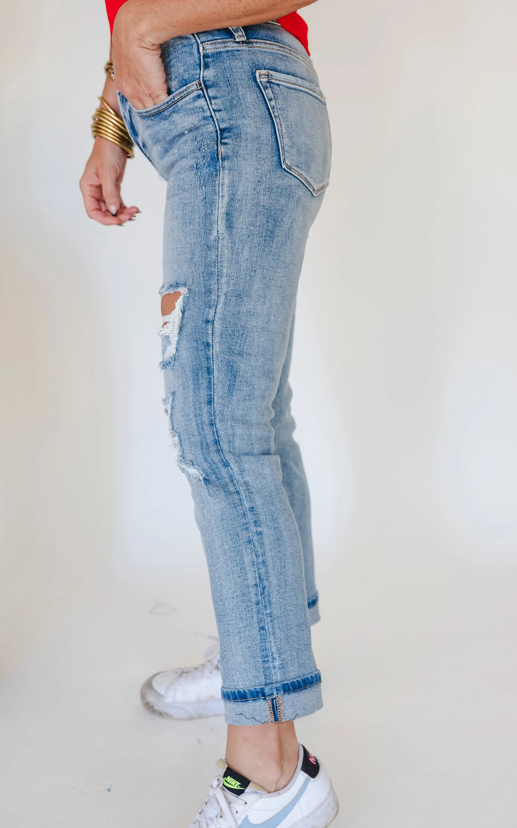 VERVET | Glamourous High Rise Cuffed Distressed Paint Boyfriend Denim Jeans - Final Sale