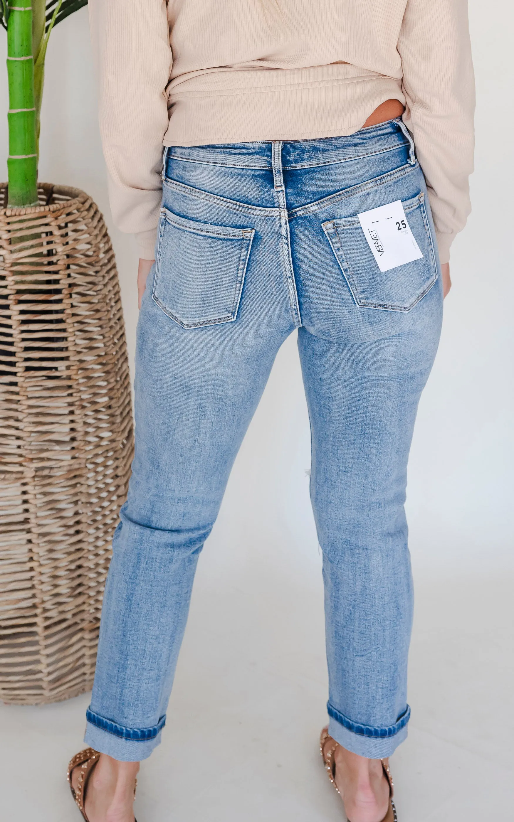 VERVET | Glamourous High Rise Cuffed Distressed Paint Boyfriend Denim Jeans - Final Sale