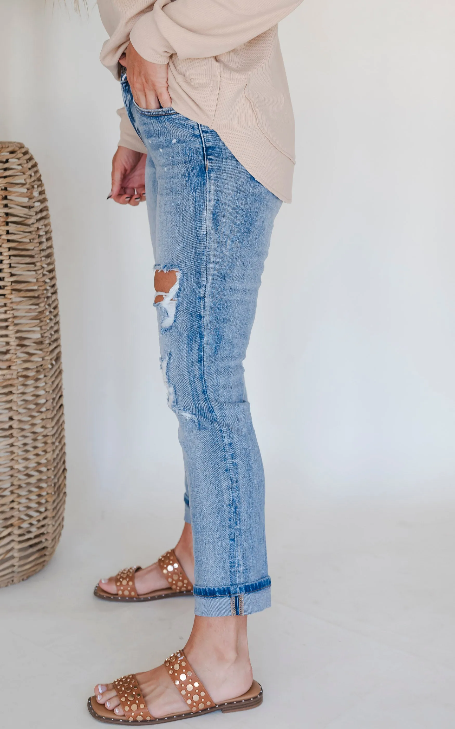 VERVET | Glamourous High Rise Cuffed Distressed Paint Boyfriend Denim Jeans - Final Sale