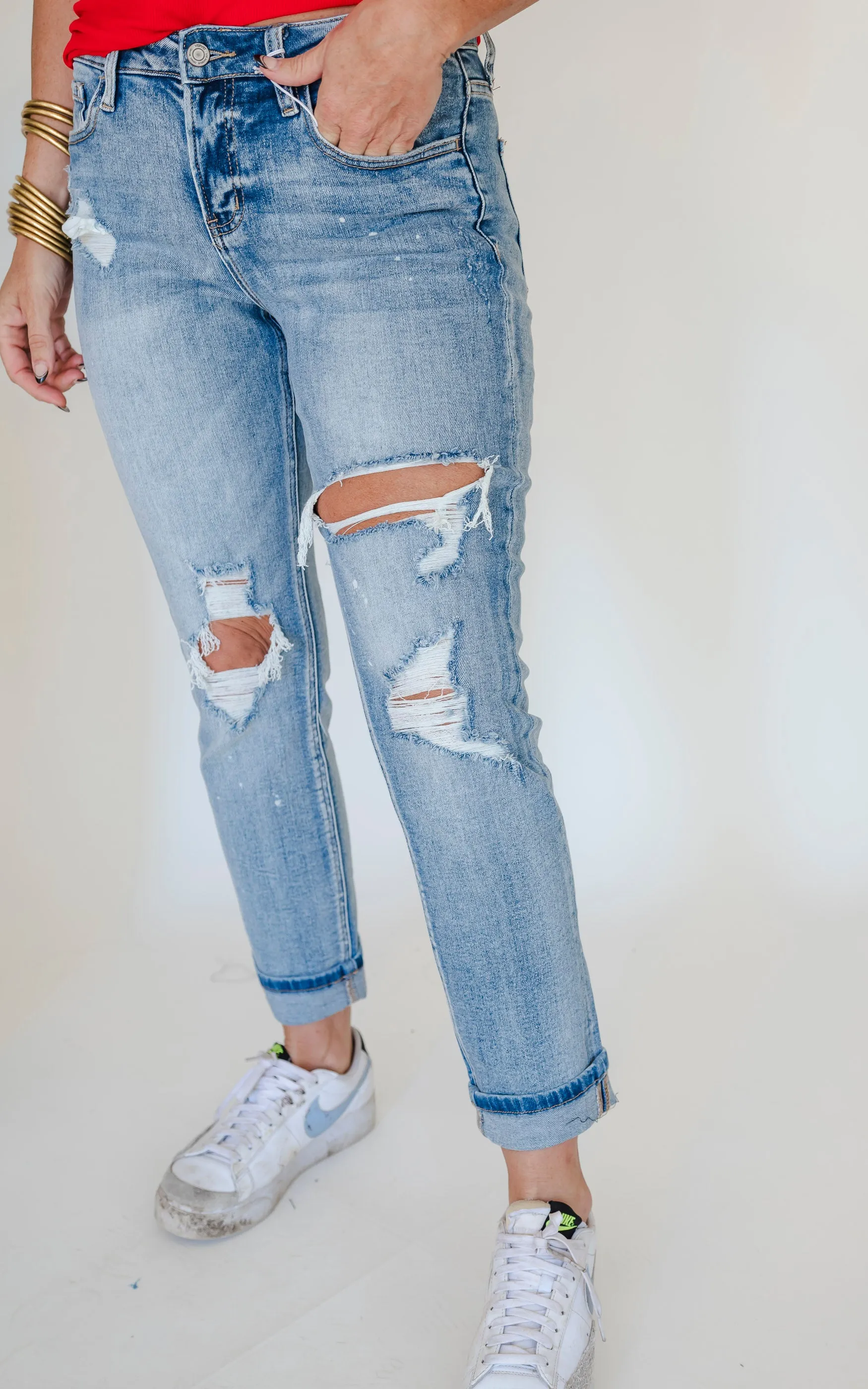 VERVET | Glamourous High Rise Cuffed Distressed Paint Boyfriend Denim Jeans - Final Sale