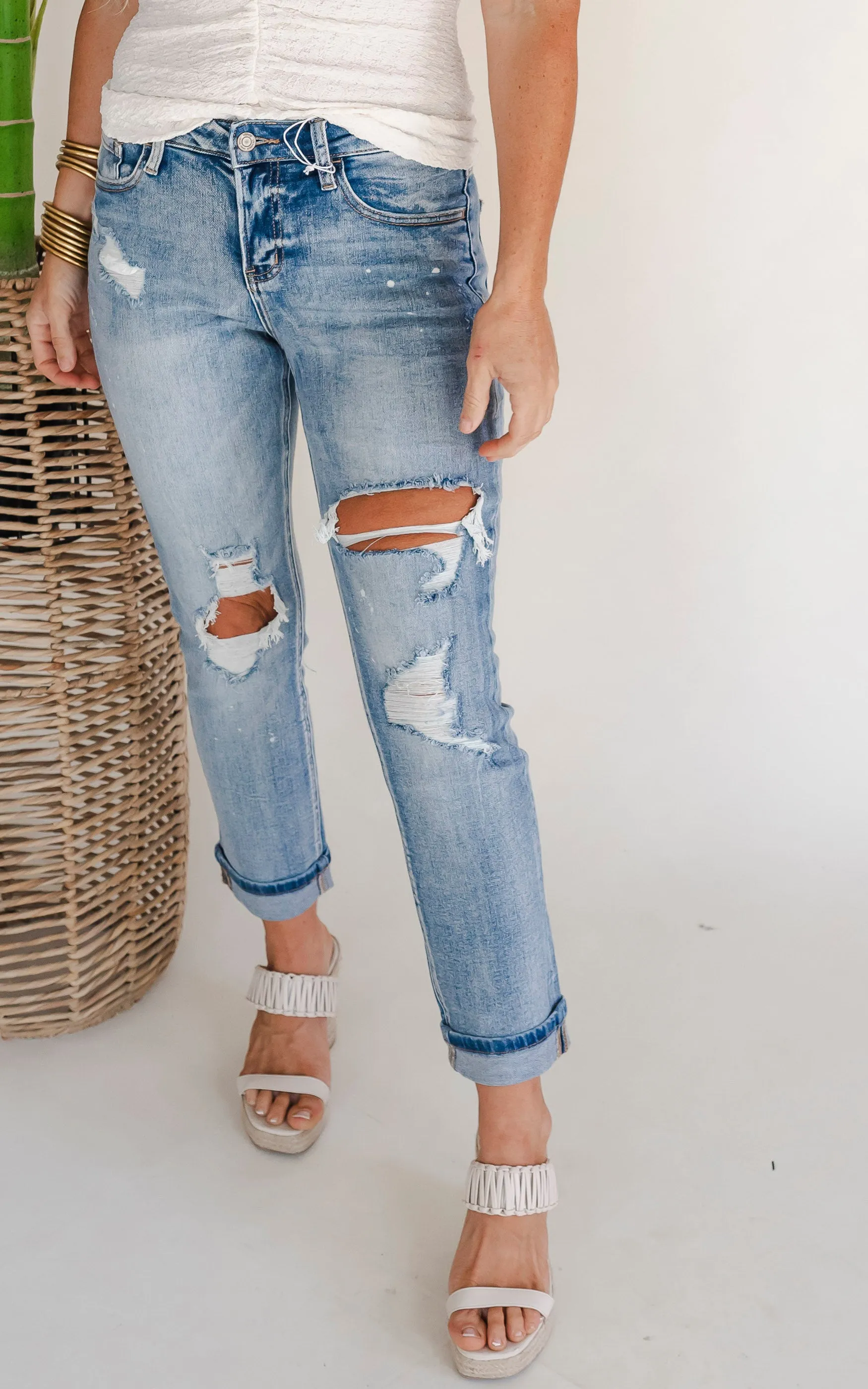 VERVET | Glamourous High Rise Cuffed Distressed Paint Boyfriend Denim Jeans - Final Sale