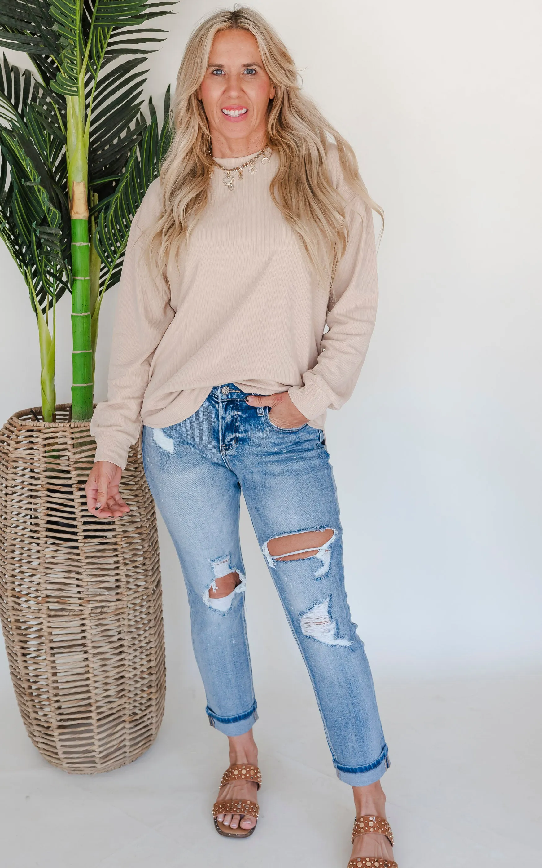 VERVET | Glamourous High Rise Cuffed Distressed Paint Boyfriend Denim Jeans - Final Sale