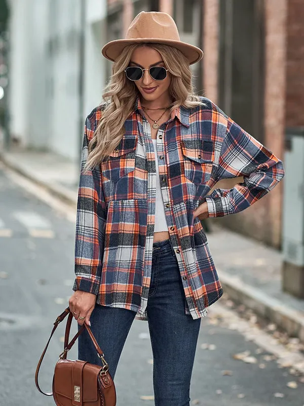 Vintage Loose Checkered Lapel Blouses&Shirts Tops