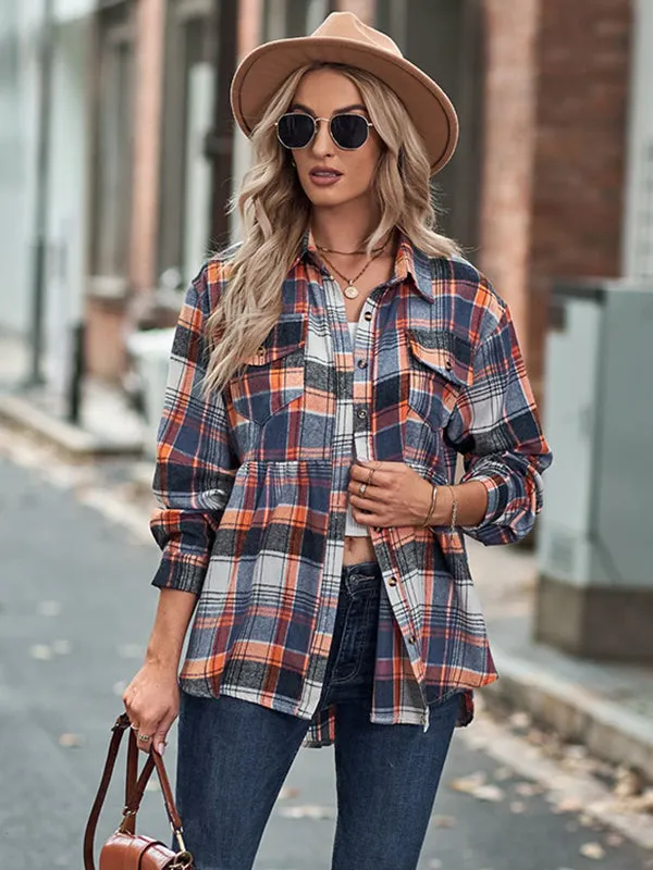 Vintage Loose Checkered Lapel Blouses&Shirts Tops