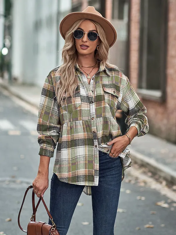 Vintage Loose Checkered Lapel Blouses&Shirts Tops