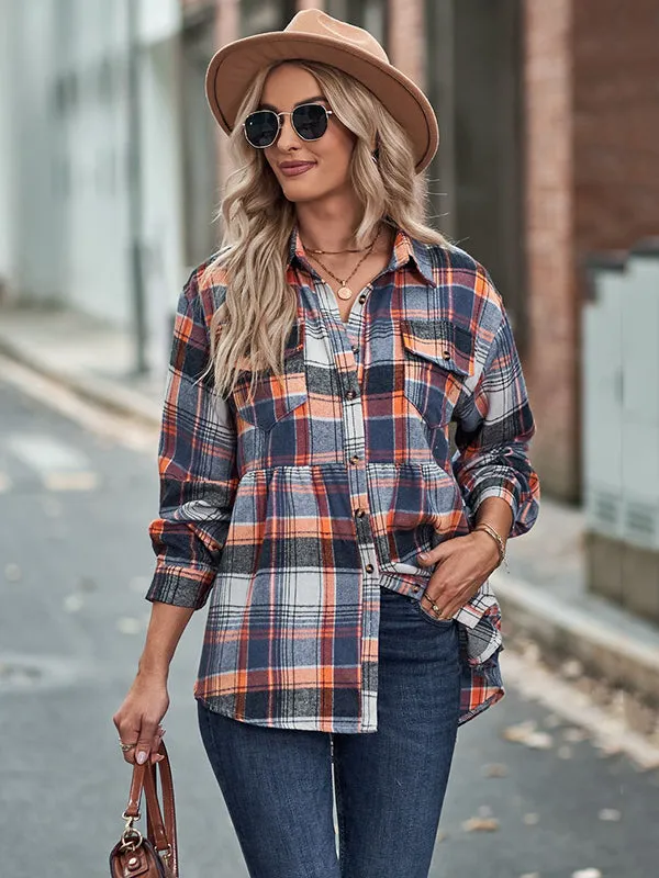 Vintage Loose Checkered Lapel Blouses&Shirts Tops