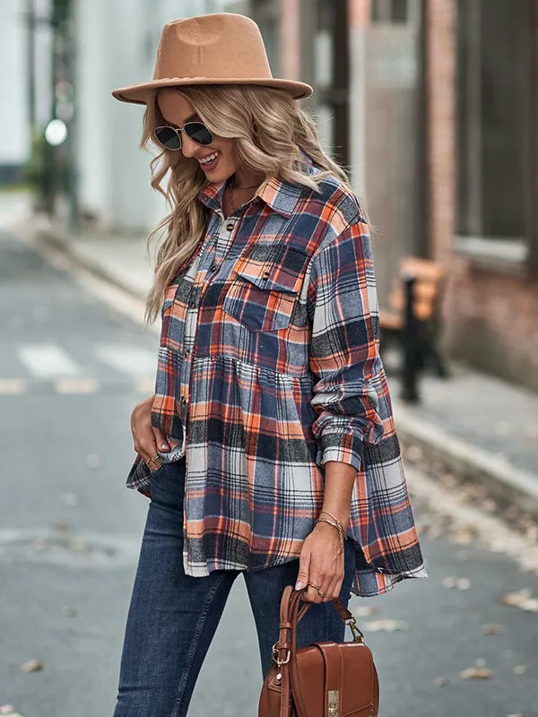 Vintage Loose Checkered Lapel Blouses&Shirts Tops