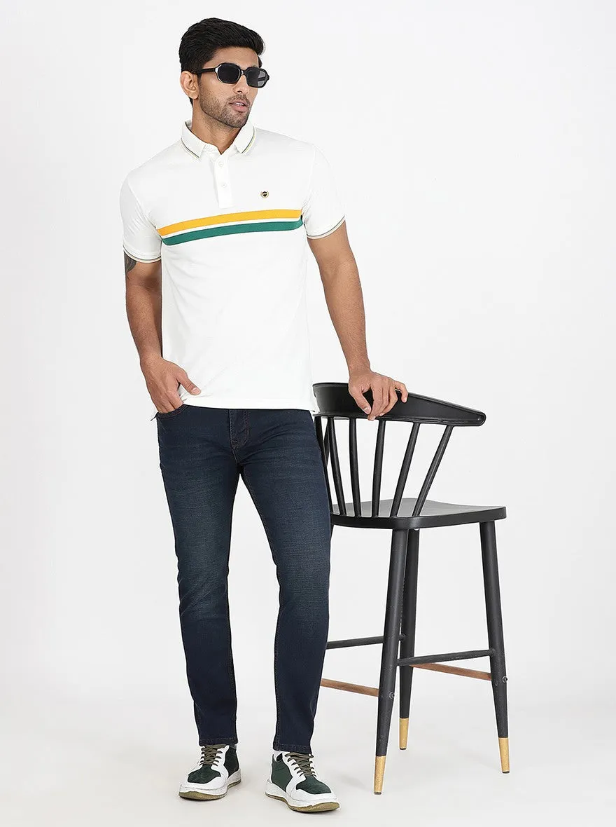 White Striped Slim Fit Polo T-Shirt | JadeBlue