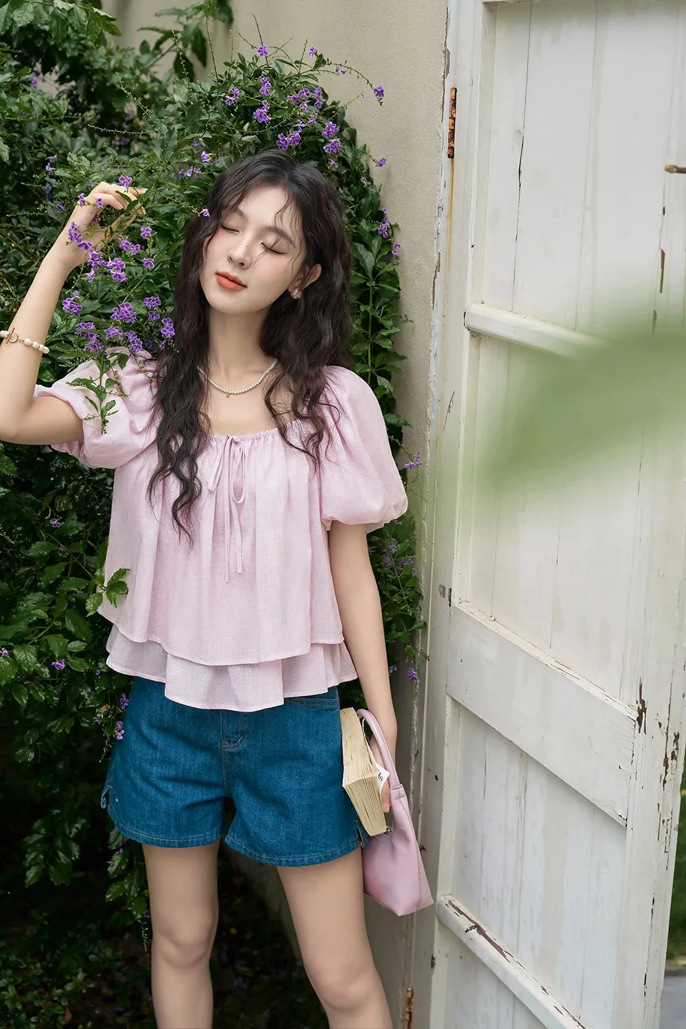 Women Puff Sleeve Loose V-neck Blouse