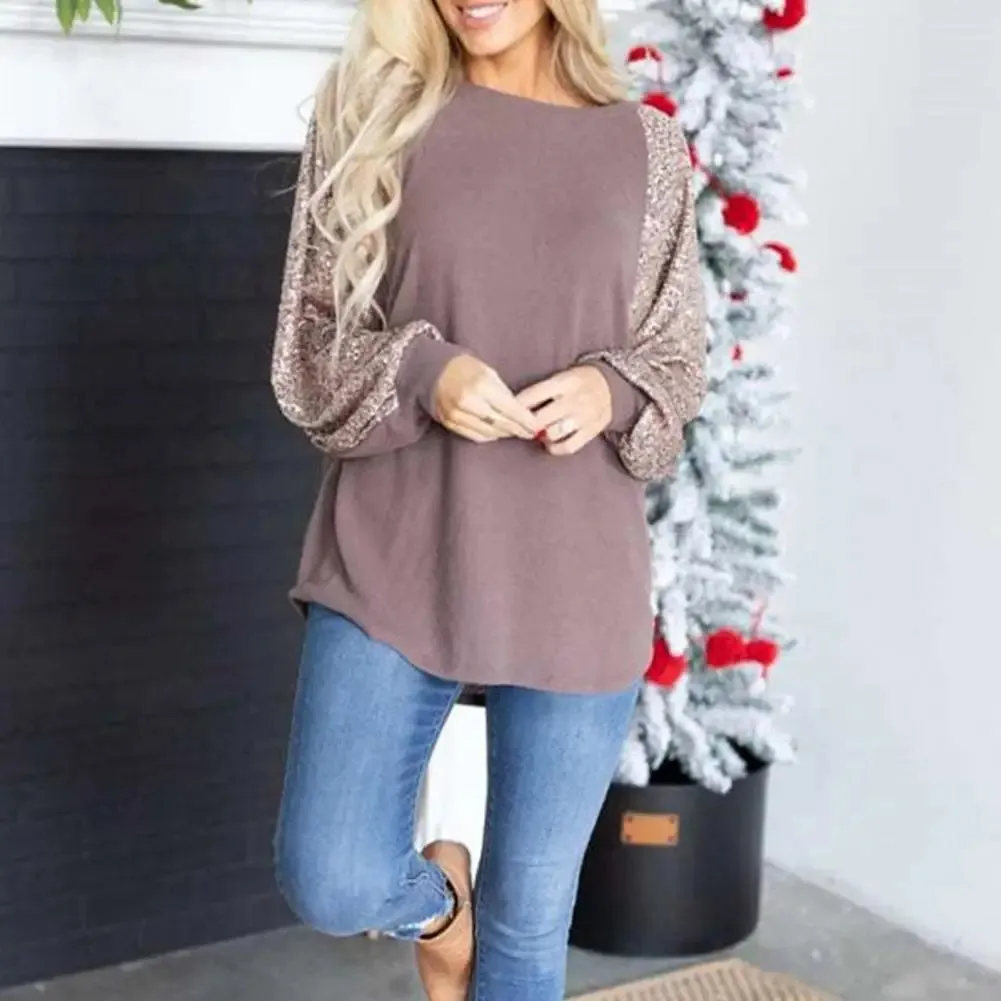 Women Spring Tops O-neck Sequin Patchwork Raglan Long Sleeve Blouse