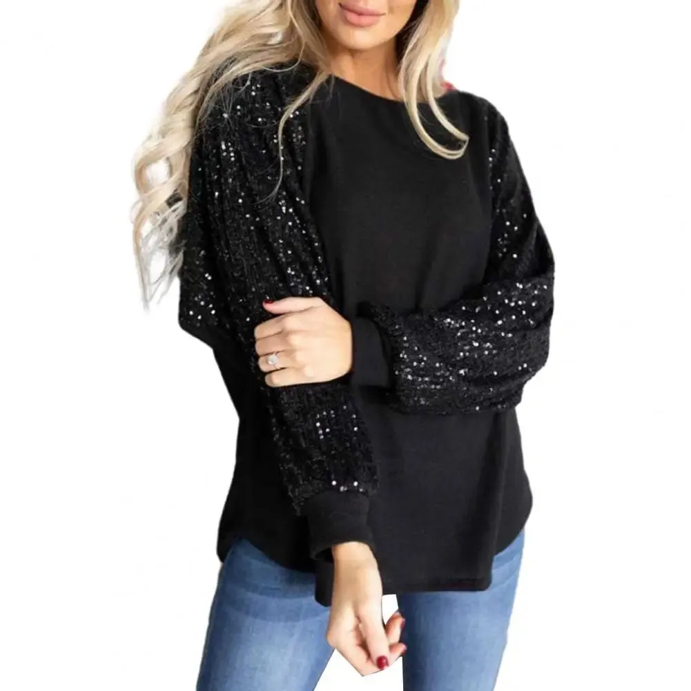 Women Spring Tops O-neck Sequin Patchwork Raglan Long Sleeve Blouse