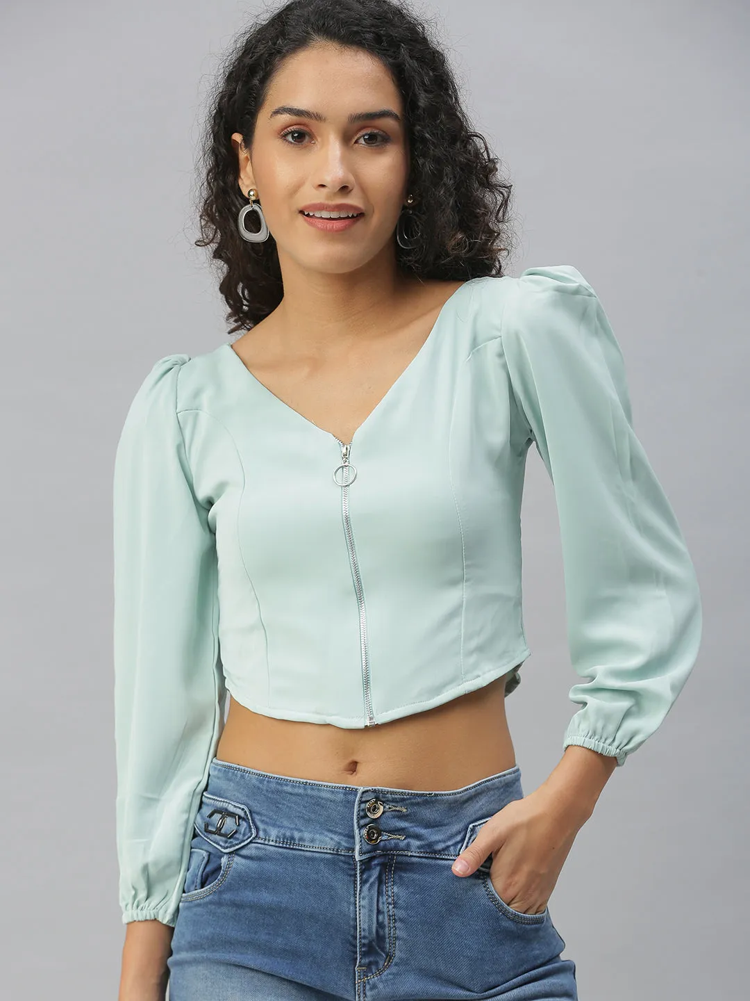 Women's Green Solid Crop Tops