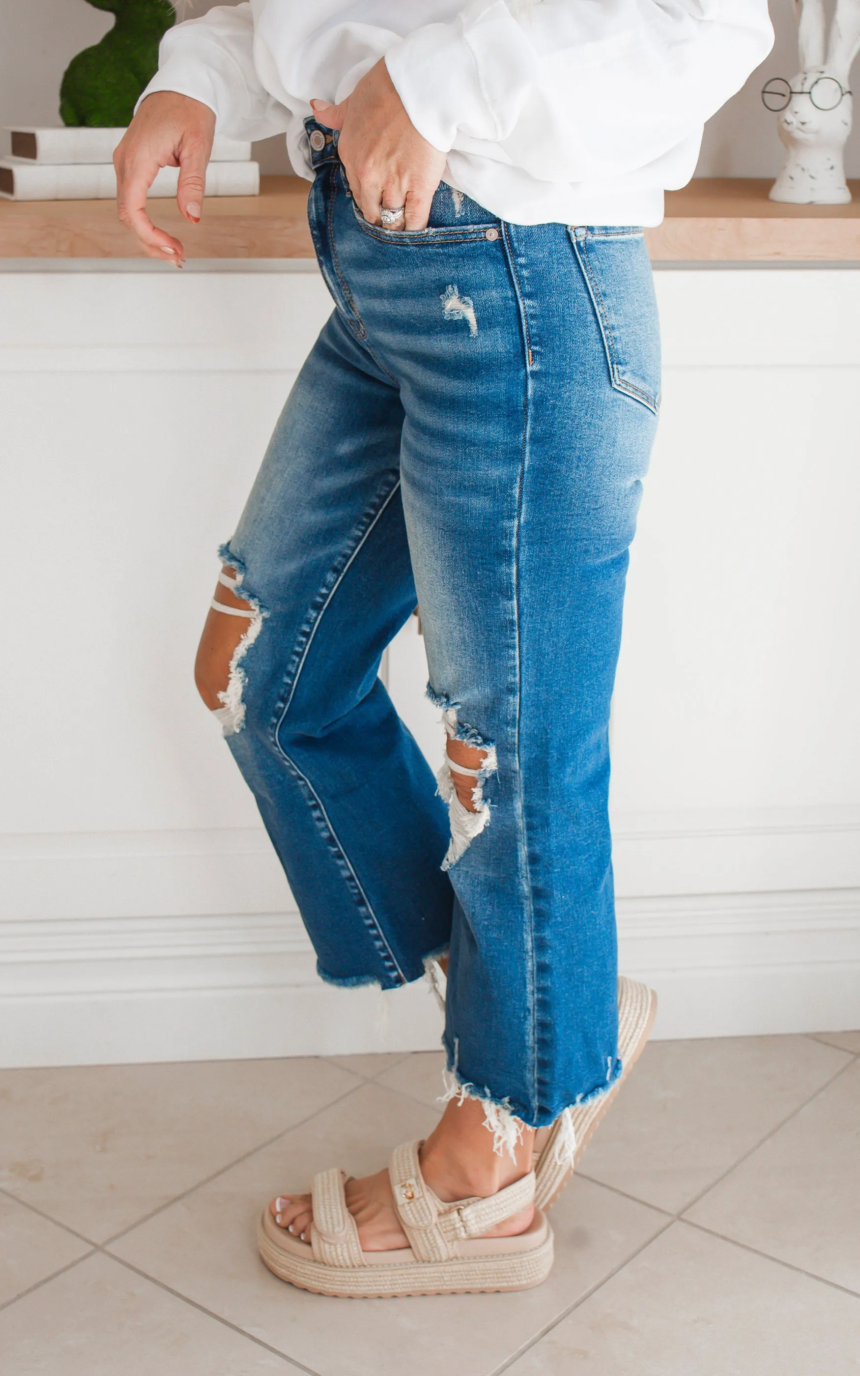 Zenana High Waist Distressed Wide Leg Cropped Denim Jeans - Final Sale