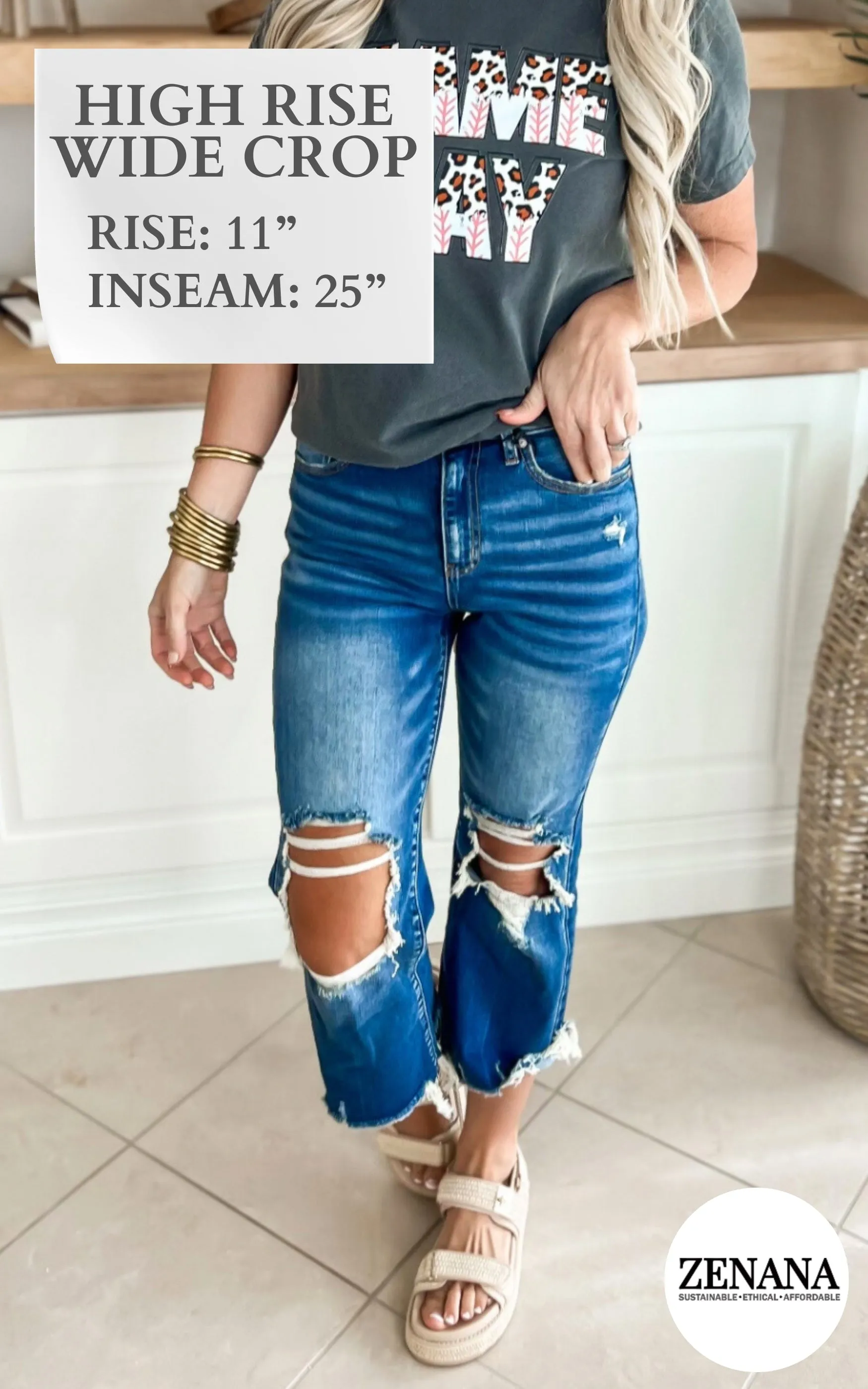 Zenana High Waist Distressed Wide Leg Cropped Denim Jeans - Final Sale