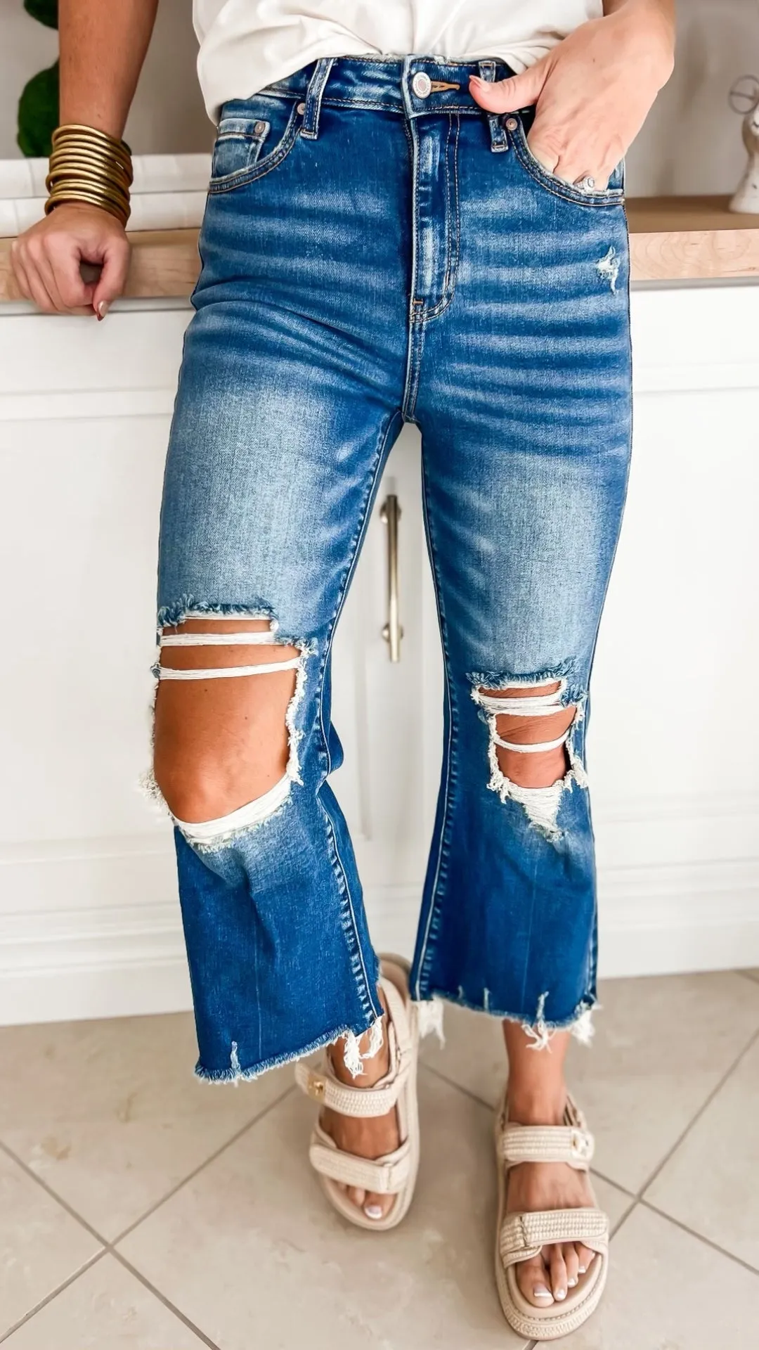 Zenana High Waist Distressed Wide Leg Cropped Denim Jeans - Final Sale